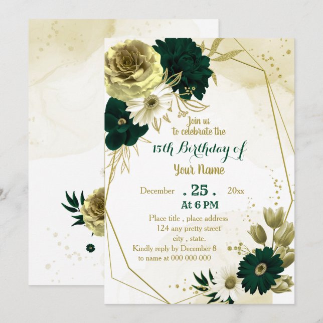 Invitación Fiesta de cumpleaños geométrico de oro de marfil v (Anverso / Reverso)