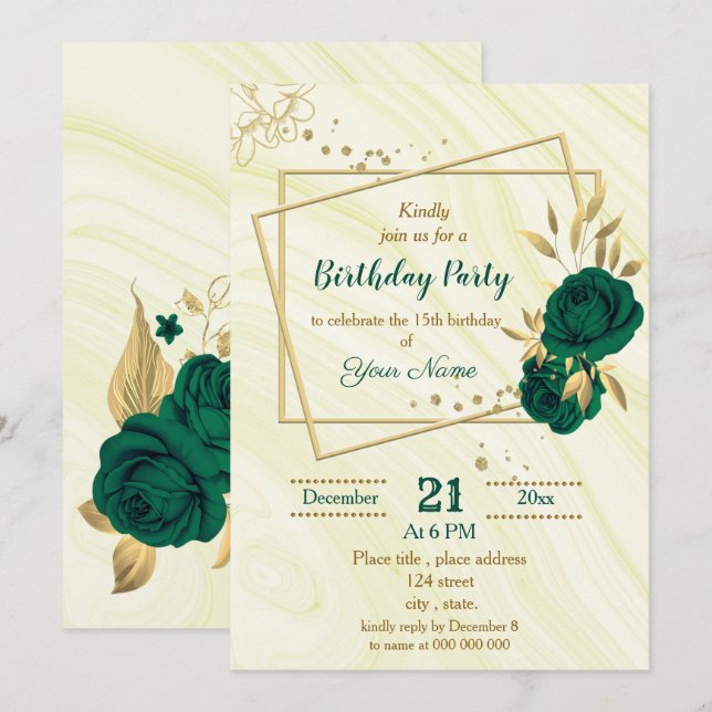Invitación fiesta de cumpleaños geométrico floral de oro verd (Anverso / Reverso)