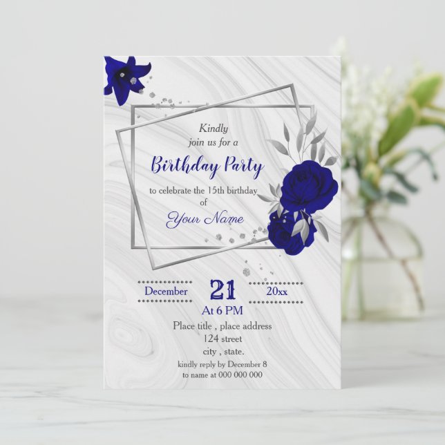 Invitación fiesta de cumpleaños geométrico gris de plata azul (Anverso de pie)