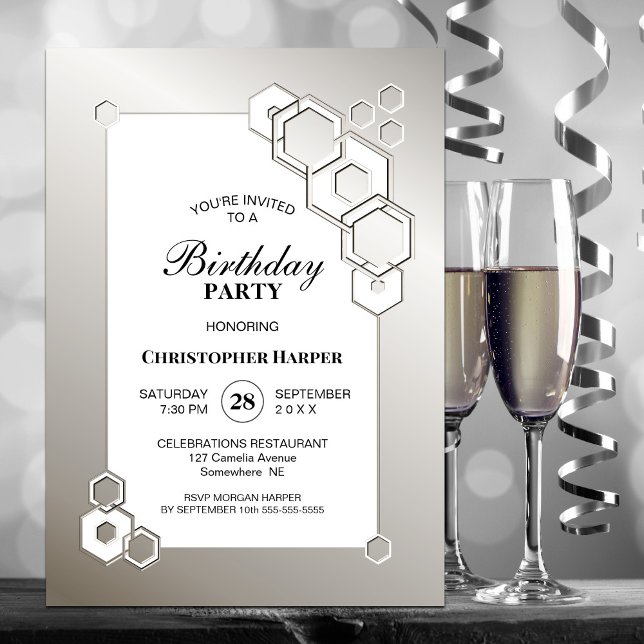 Invitación Fiesta de cumpleaños geométrico plateado (Subido por el creador)