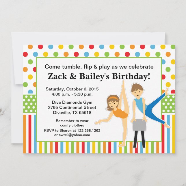 Invitación Fiesta de cumpleaños gimnástica del muchacho y del (Anverso)