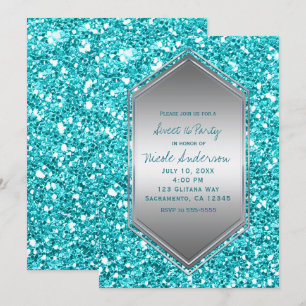 Invitación Fiesta de Cumpleaños Glam Aqua Plateado Brillo Cua