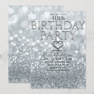 Invitación Fiesta de Cumpleaños Glam Bokeh Brillo Plateado Bl