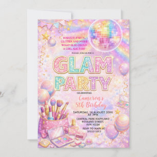 Invitación Fiesta de Cumpleaños Glam Disco Maquillaje Brillan