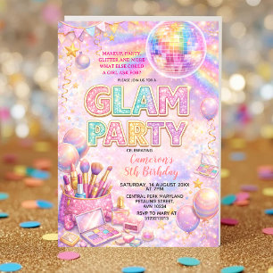 Invitación Fiesta de Cumpleaños Glam Disco Maquillaje Brillan