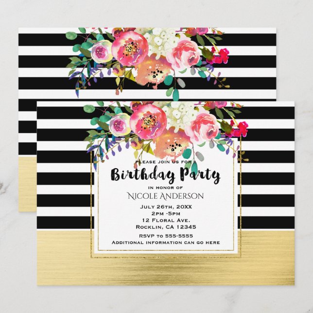 Invitación Fiesta de Cumpleaños Glam Floral Moderna Dorada Ne (Anverso / Reverso)