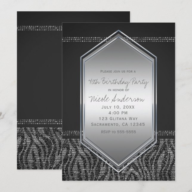 Invitación Fiesta de Cumpleaños Glam Gris Plata Cebra Cualqui (Anverso / Reverso)