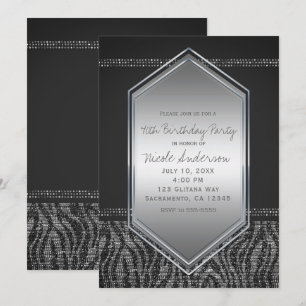 Invitación Fiesta de Cumpleaños Glam Gris Plateado Cebra Cual