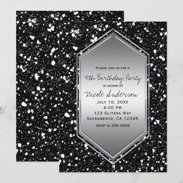 Invitación Fiesta de Cumpleaños Glam Negra con Brillo Platead (Anverso / Reverso)