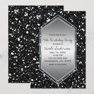 Invitación Fiesta de Cumpleaños Glam Negra con Brillo Platead