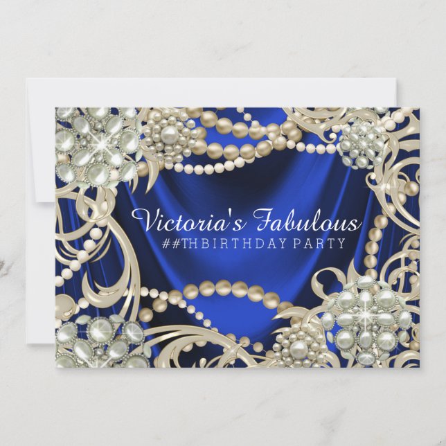 Invitación Fiesta de Cumpleaños Glam Perla Azul Real (Anverso)
