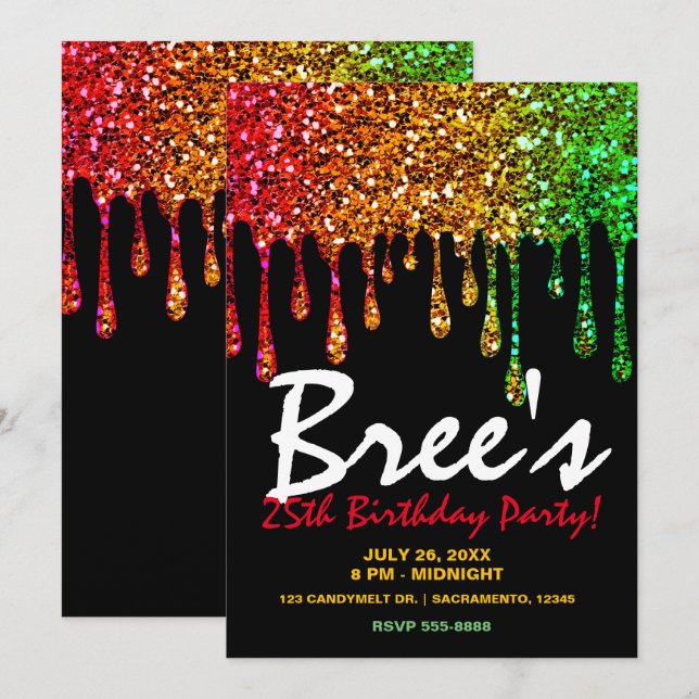 Invitación Fiesta de Cumpleaños Glam Rasta Arcoíris Brillo Go (Anverso / Reverso)