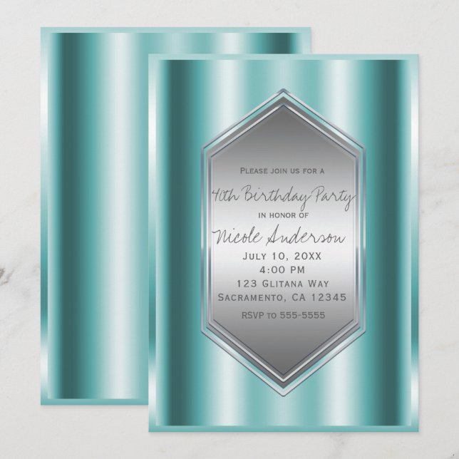 Invitación Fiesta de Cumpleaños Glamour Brillo Teal Acuático  (Anverso / Reverso)