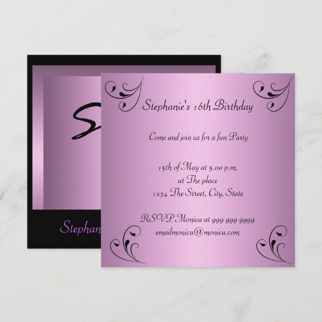 Invitación Fiesta de Cumpleaños Glamour Rosa Negro Sweet 16 (Anverso / Reverso)
