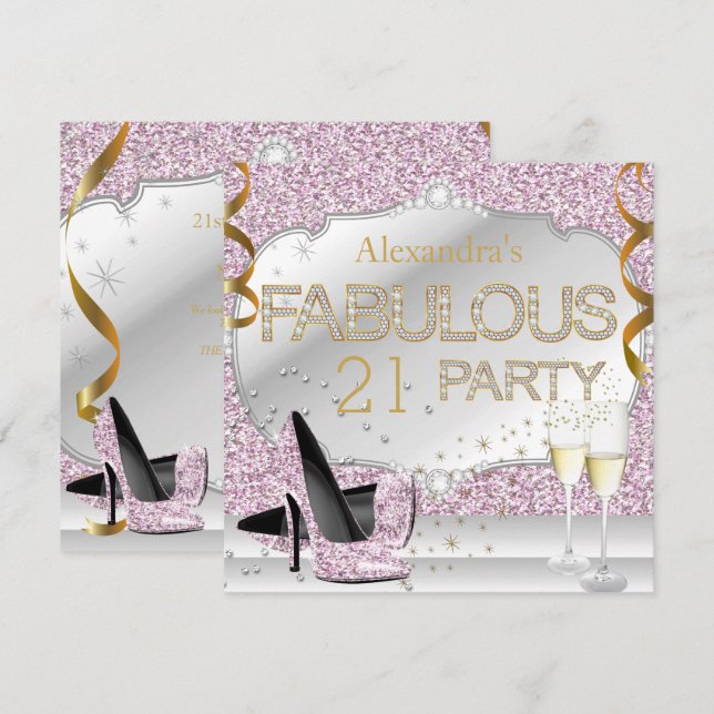 Invitación Fiesta de Cumpleaños Glamurosa con Brillo Rosa Fab (Anverso / Reverso)