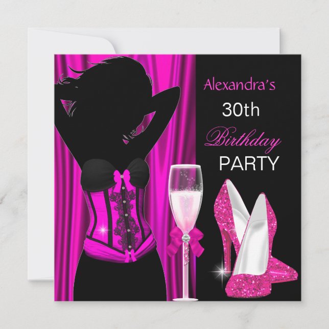 Invitación Fiesta de Cumpleaños Glamurosa con Champán Rosa (Anverso)