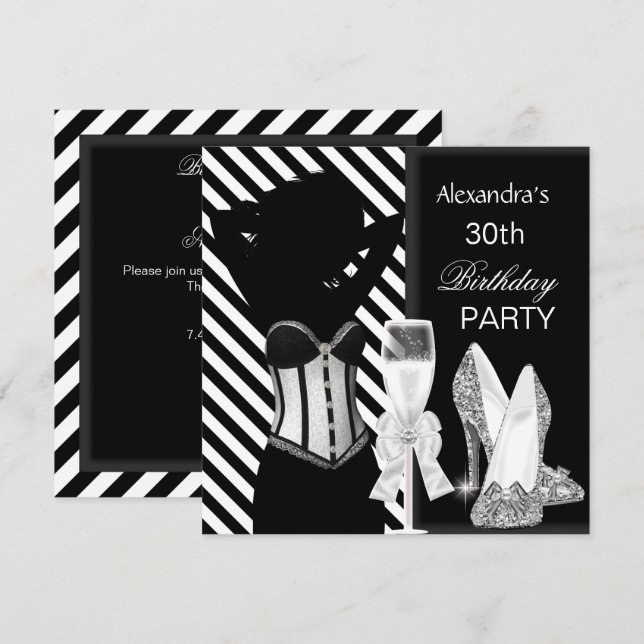 Invitación Fiesta de Cumpleaños Glamurosa con Rayas Negras y  (Anverso / Reverso)