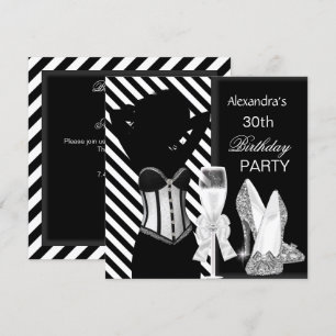 Invitación Fiesta de Cumpleaños Glamurosa con Rayas Negras y 