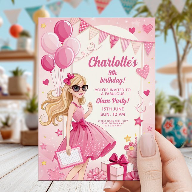 Invitación Fiesta de cumpleaños glamurosa de rosa brillante (Subido por el creador)