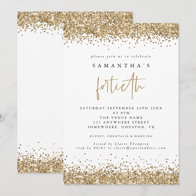 Invitación Fiesta de cumpleaños glamurosa dorada de cuarenta  (Anverso / Reverso)