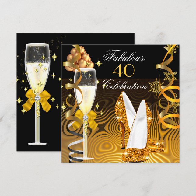 Invitación Fiesta de Cumpleaños Glitter Dorado Amarillo Fabul (Anverso / Reverso)