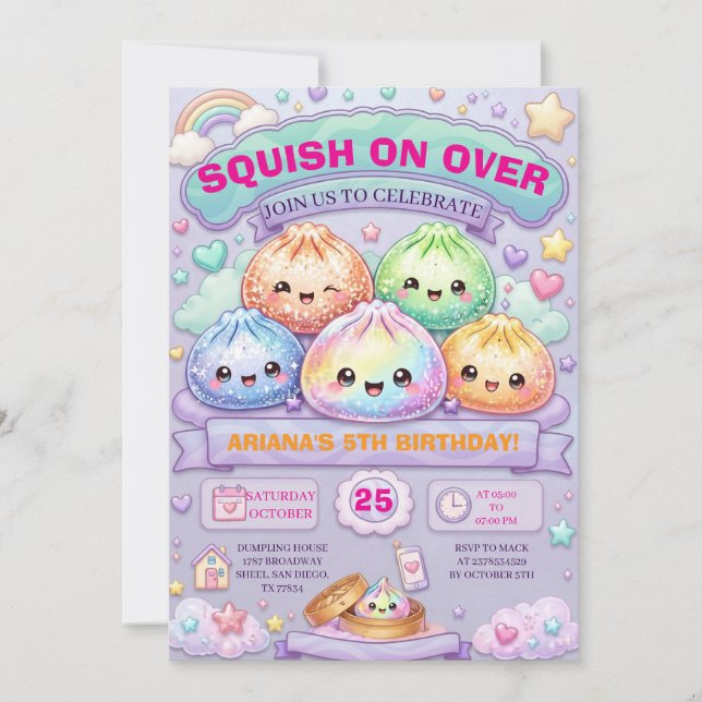 Invitación Fiesta de Cumpleaños Glitter Dumpling Squishy (Anverso)
