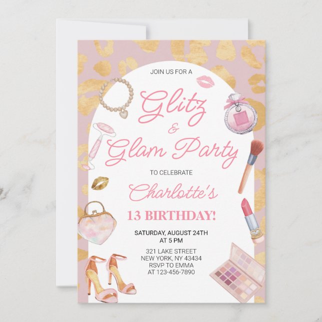 Invitación Fiesta de Cumpleaños Glitz y Glam (Anverso)