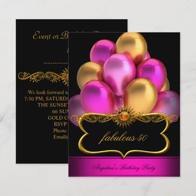 Invitación Fiesta de Cumpleaños Globos Negros Dorados Fabulos (Anverso / Reverso)