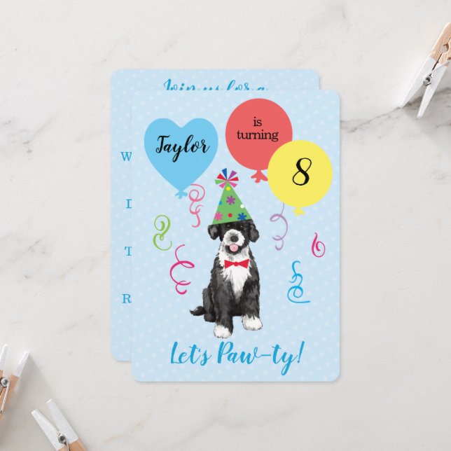 Invitación Fiesta de Cumpleaños Globos Perro de Agua Portugué (Anverso/Reverso In Situ)