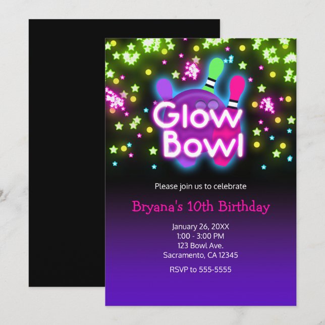 Invitación Fiesta de Cumpleaños Glow Bowl Bowling Neon Stars (Anverso / Reverso)