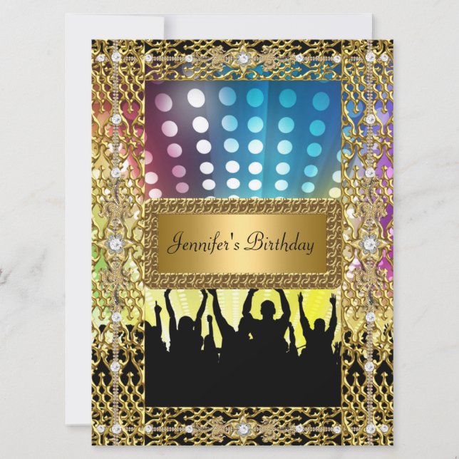 Invitación Fiesta de cumpleaños Gold Black Disco de cualquier (Anverso)