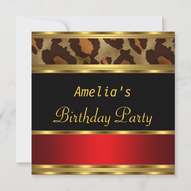 Invitación Fiesta de Cumpleaños Gold Black Red Leopard (Anverso)