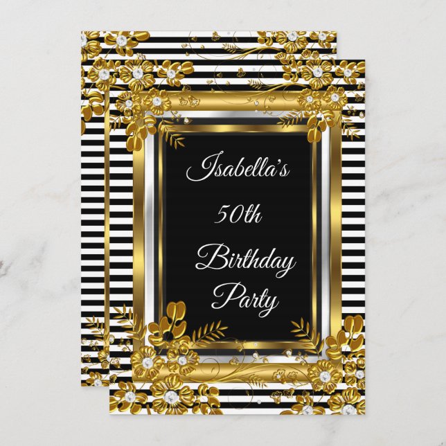 Invitación Fiesta de cumpleaños Gold Black Stripe Floral (Anverso / Reverso)