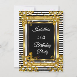 Invitación Fiesta de cumpleaños Gold Black Stripe Floral