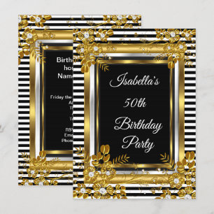 Invitación Fiesta de cumpleaños Gold Black Stripe Floral