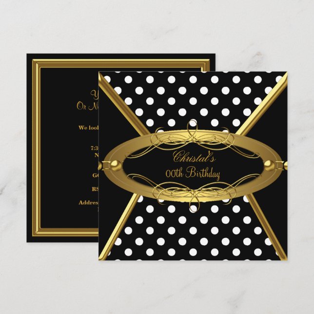 Invitación Fiesta de Cumpleaños Gold Black White Lunares (Anverso / Reverso)