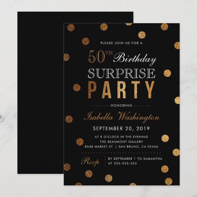 Invitación Fiesta de cumpleaños Gold Confetti y Black Surpris (Anverso / Reverso)