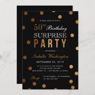 Invitación Fiesta de cumpleaños Gold Confetti y Black Surpris