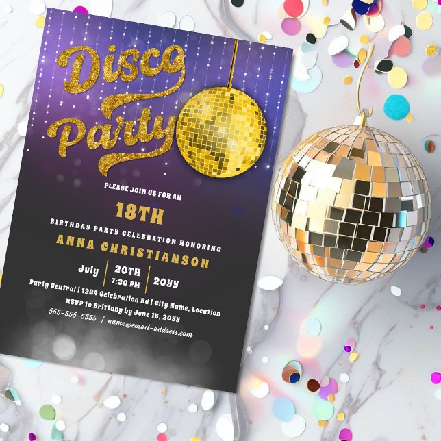 Invitación Fiesta de cumpleaños Gold Disco (Gold glitter-look disco party invitation. )