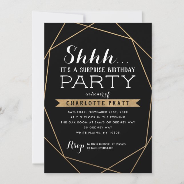 Invitación Fiesta de cumpleaños Gold Geometric Shh Surprise (Anverso)
