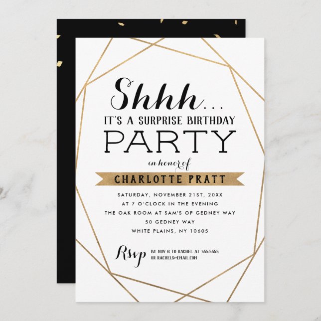 Invitación Fiesta de cumpleaños Gold Geometric Shh Surprise (Anverso / Reverso)