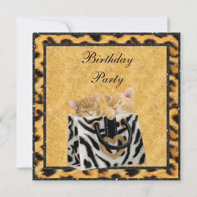 Invitación Fiesta de cumpleaños Gold para gatitos y leopardo (Anverso)
