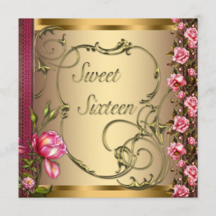 Invitación Fiesta de cumpleaños Gold Pink Rose Sweet Sixteen