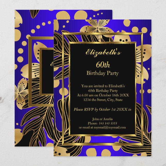 Invitación Fiesta de cumpleaños Gold Royal Blue Floral (Anverso / Reverso)
