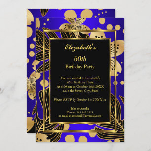 Invitación Fiesta de cumpleaños Gold Royal Blue Floral