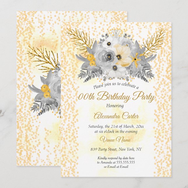 Invitación Fiesta de cumpleaños Gold White Grey Floral (Anverso / Reverso)