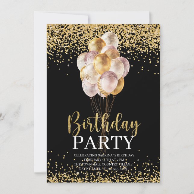 Invitación Fiesta de cumpleaños Gold y Black Personalized (Anverso)