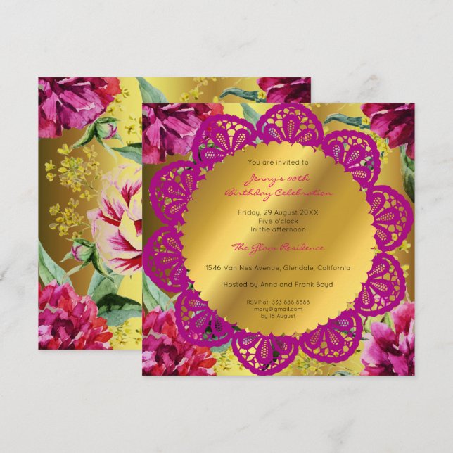 Invitación Fiesta de cumpleaños Golden Floral Peony Pink Gree (Anverso / Reverso)