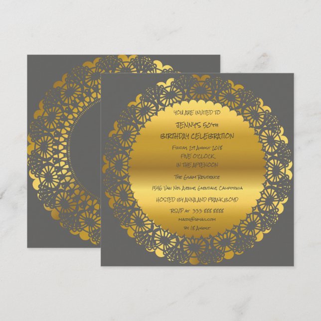 Invitación Fiesta de cumpleaños Golden Gray Lace Glam Wreath (Anverso / Reverso)