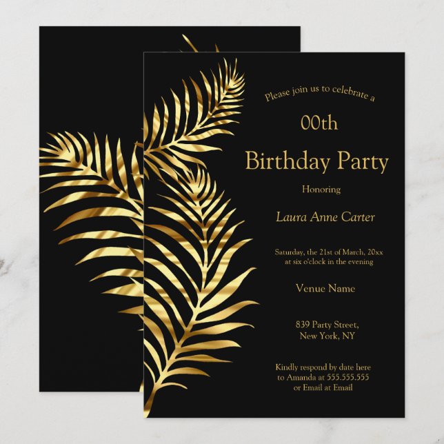Invitación Fiesta de cumpleaños Golden Palm Black Gold (Anverso / Reverso)